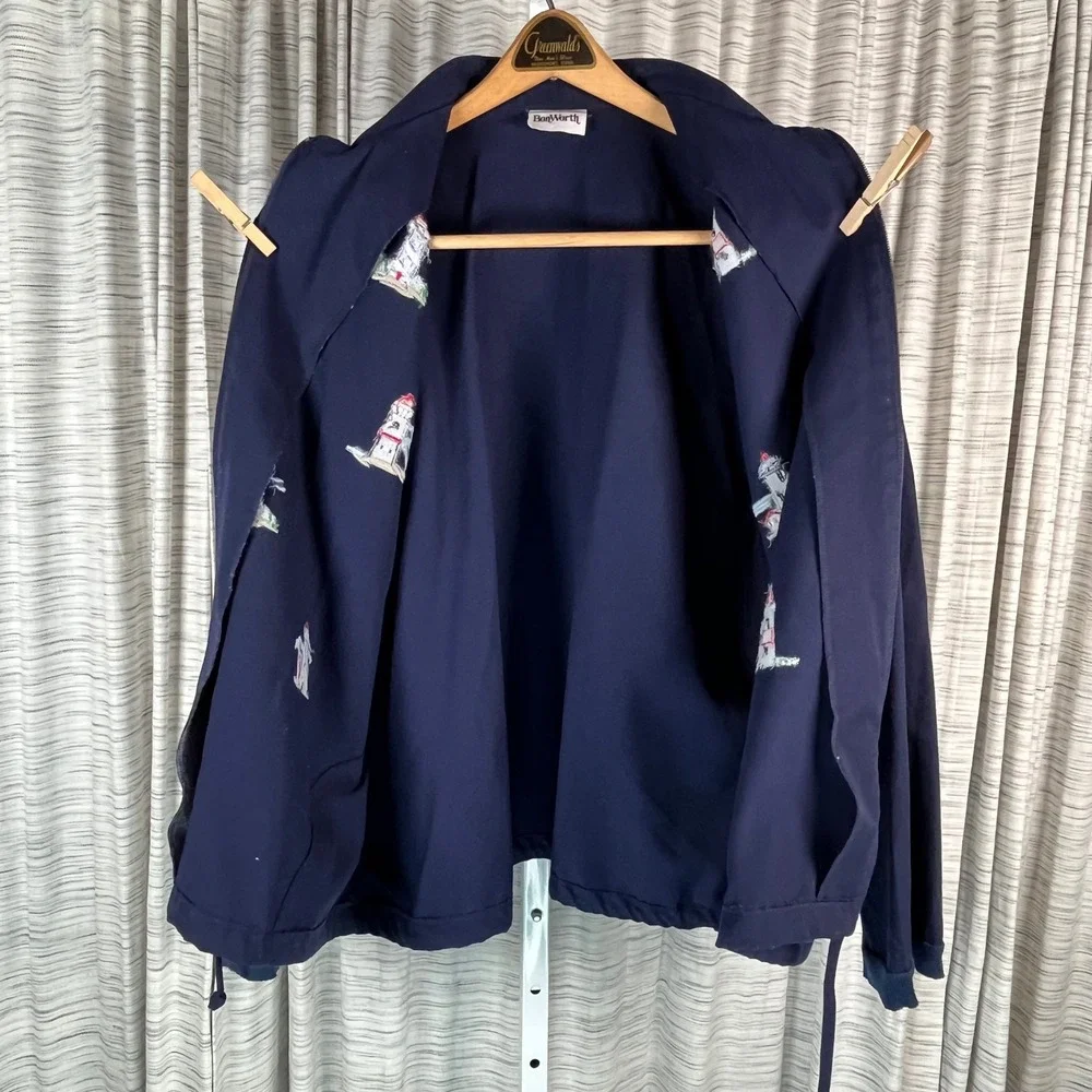 BonWorth Navy Blue Lighthouse Embroidered Zip Up Jacket Nautical Coastal